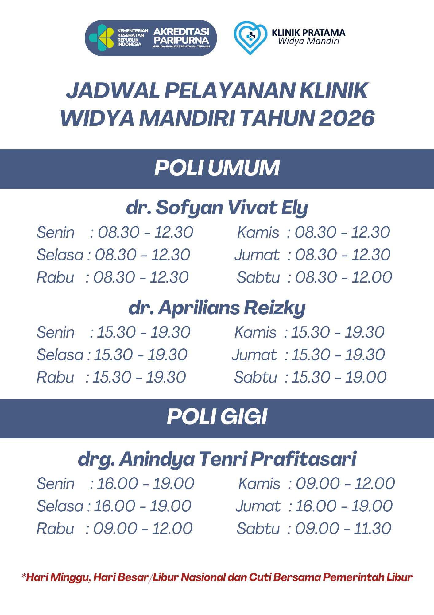 Jadwal Pelayanan Klinik 2026
